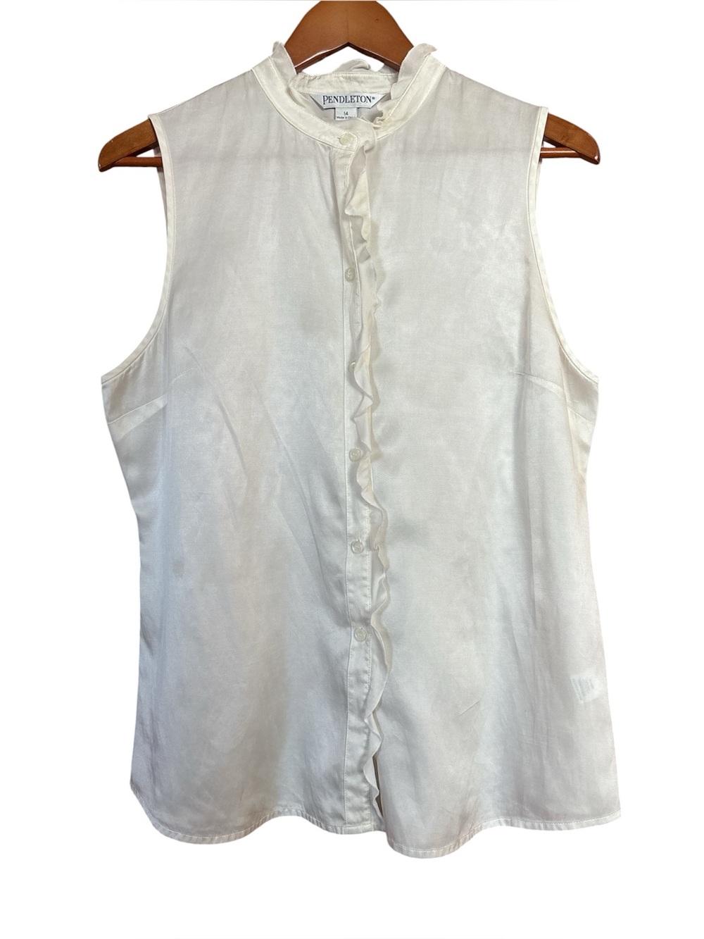 Pendleton Cream Sleeveless Ruffle-Front Blouse Womens Sz 14 Silk Blend Ethereal
